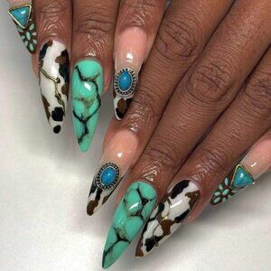 24pcs Long Blue Turquoise Western, Cowgirl - Press-On Nails New